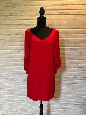 Milly Red Long-Sleeve V-Neck Shift Dress